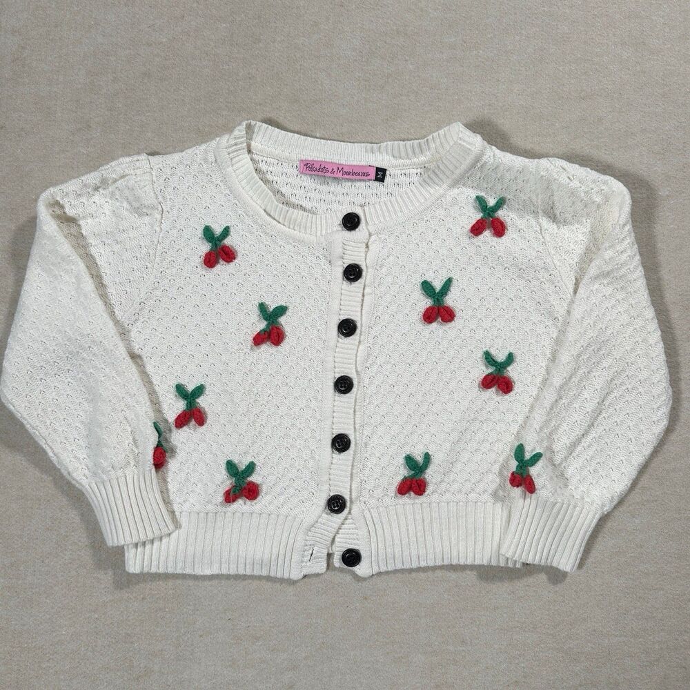 Polkadots & Moonbeams White Cardigan Sweater With Crochet Cherries Black Buttons
